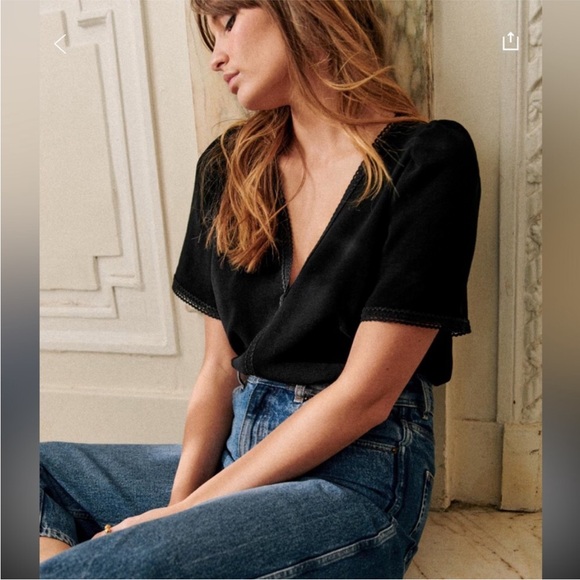 NWT SÉZANE Valencia Blouse Short Sleeve in Black Noir 34 US 2 - Picture 2 of 5